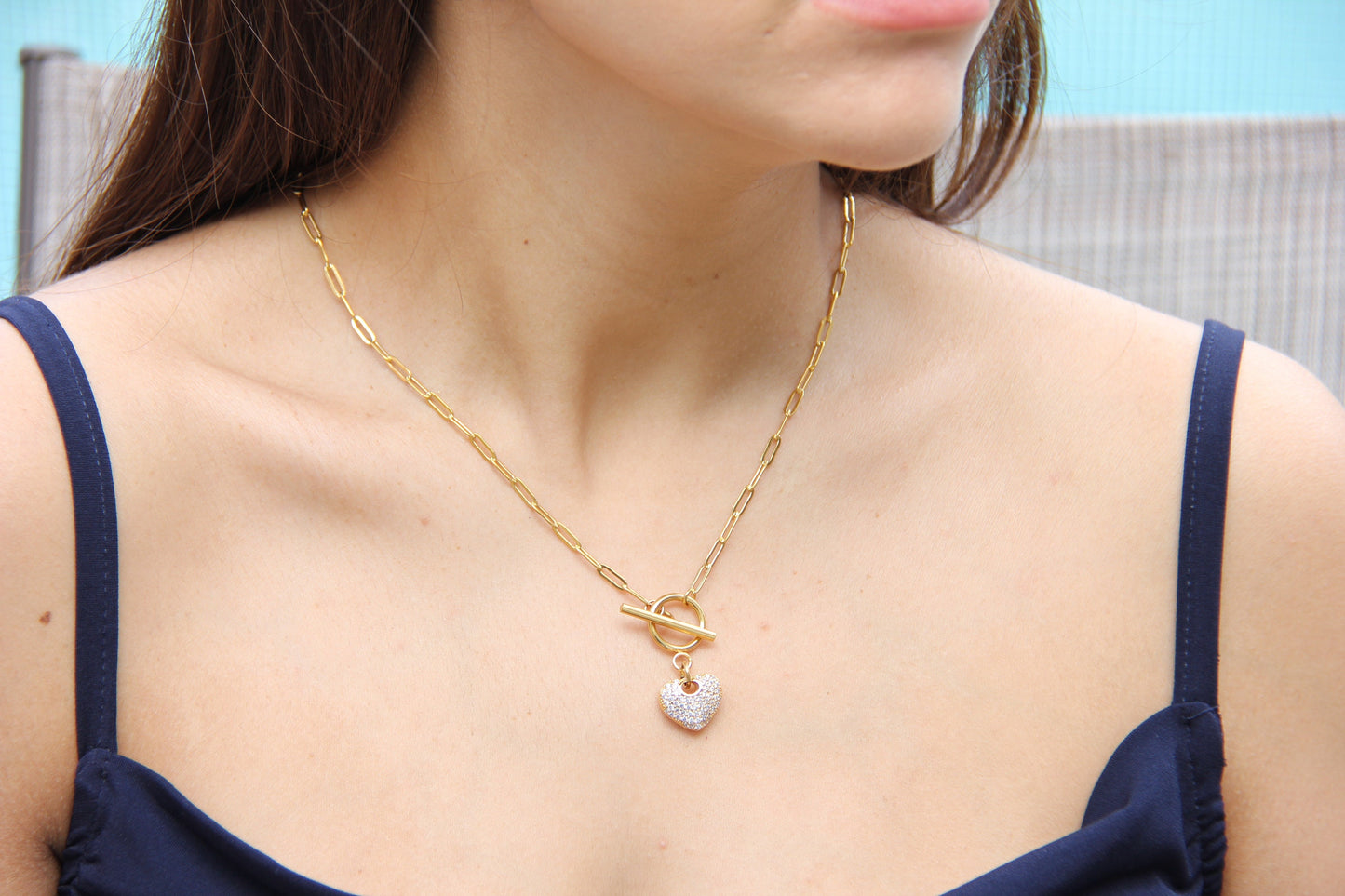 Link Chain Drop Heart Necklace reflects the beautiful harmony between one of the most popular chain type Link Chain and Cubic zirconia beaded shiny heart charm. Perfect gift for your her or for yourself!