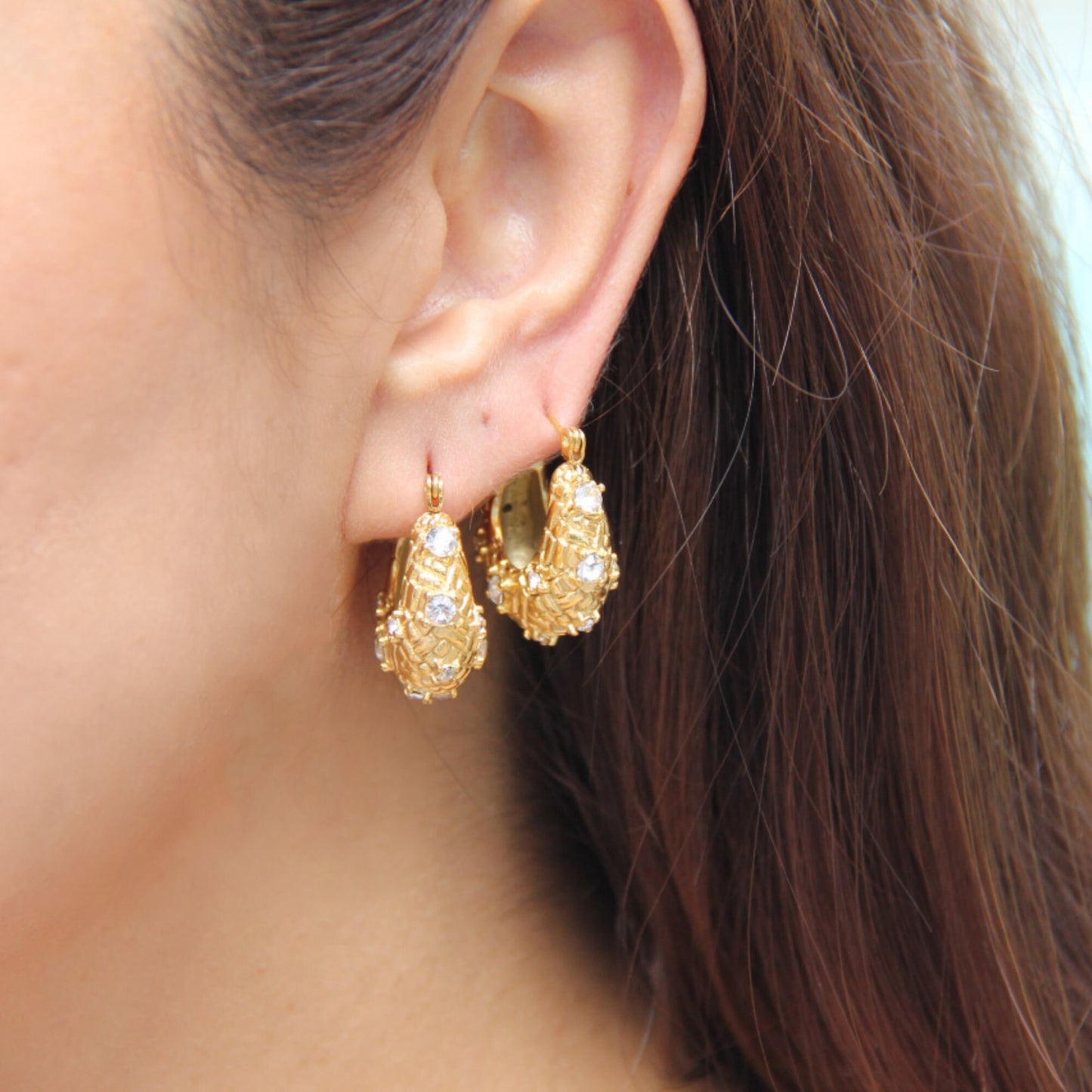Crystal Basket Hoop Earrings,18K Gold Hoops Cubic Zirconia,Waterproof Statement Earrings for Her, Handmade Gold Jewelry Unique Gift for Mom