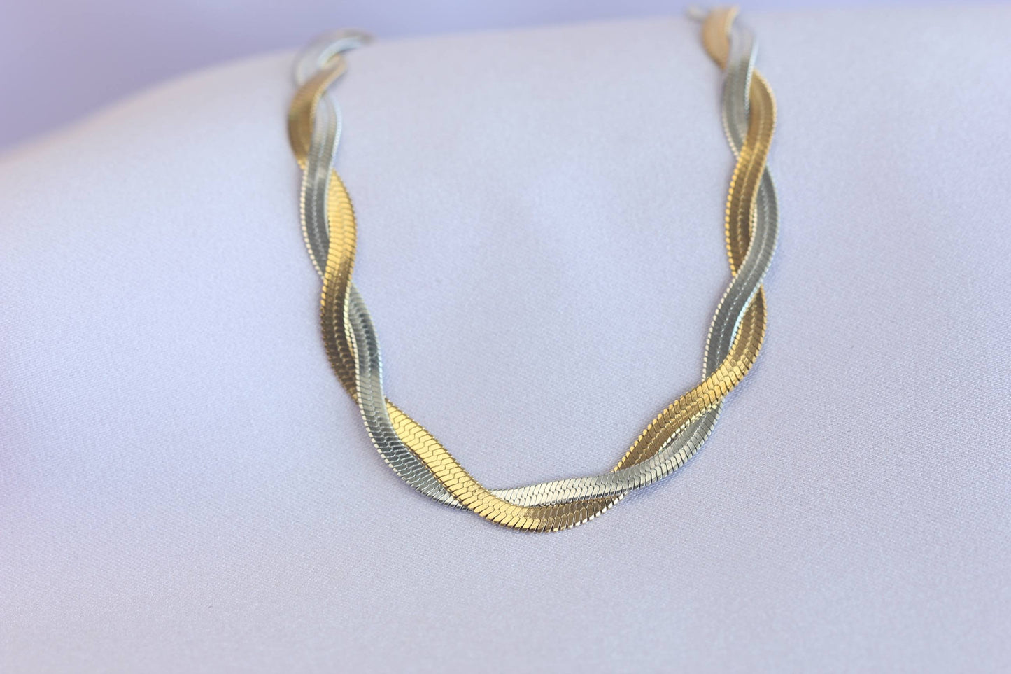 Unique Duo Color Braided Herringbone Twist Gold Chain Necklace that reflects both minimalist and statement textures. Perfect gift for friend, mom, or loved ones. Handmade unique jewelry gift ideas for her.