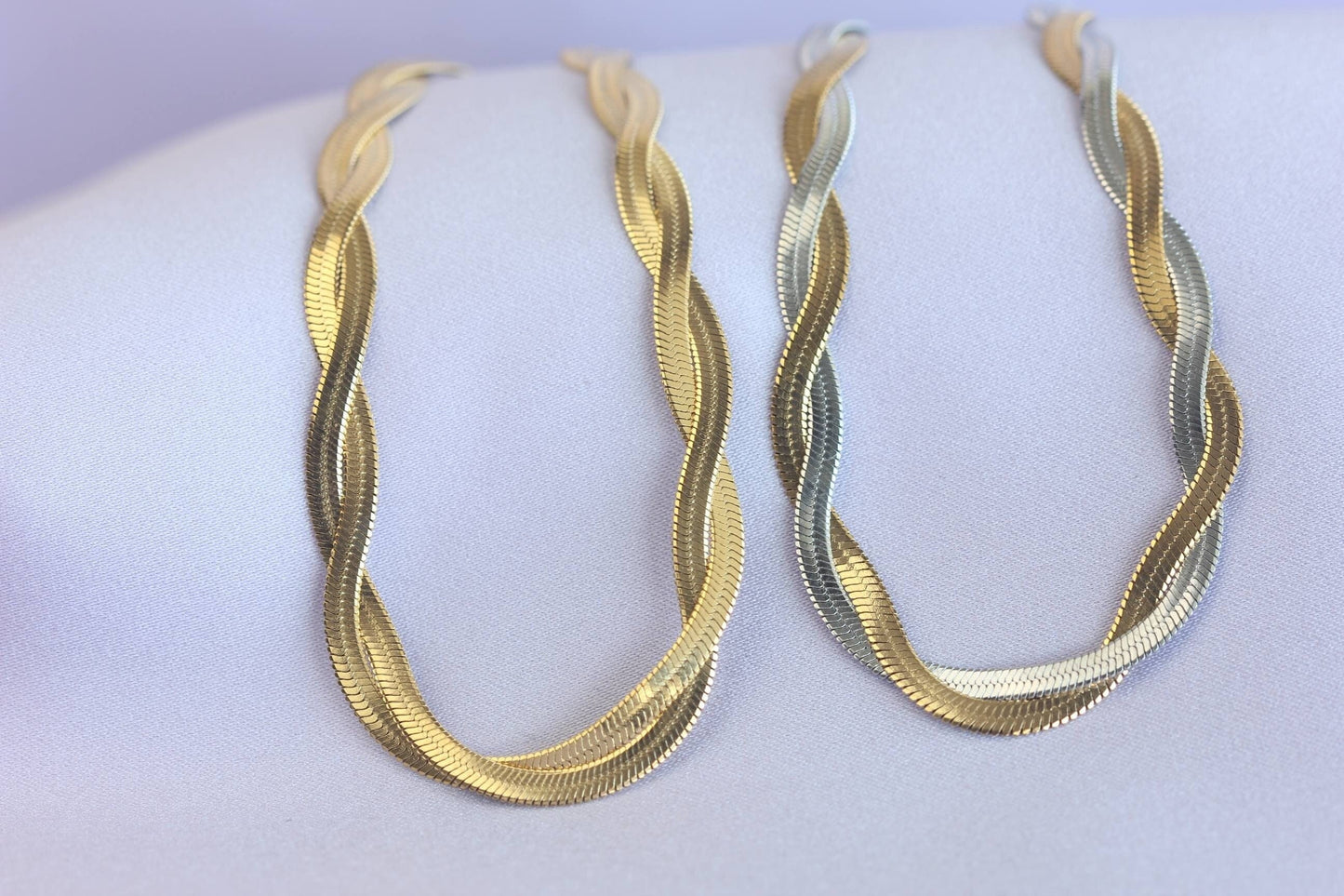 Unique Duo Color Braided Herringbone Twist Gold Chain Necklace that reflects both minimalist and statement textures. Perfect gift for friend, mom, or loved ones. Handmade unique jewelry gift ideas for her.