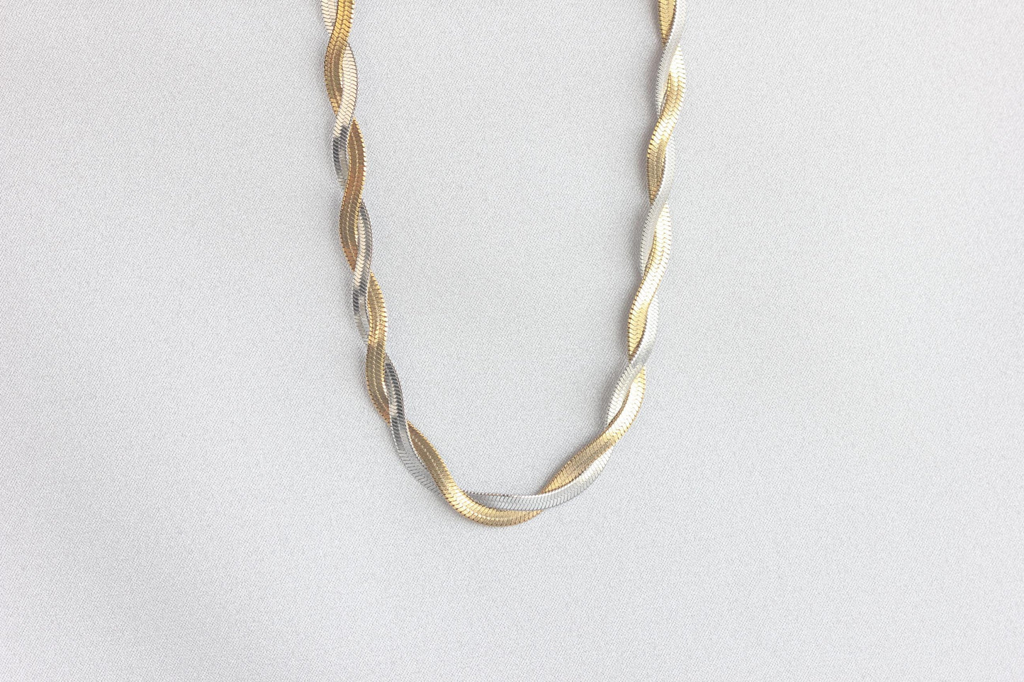 Unique Duo Color Braided Herringbone Twist Gold Chain Necklace that reflects both minimalist and statement textures. Perfect gift for friend, mom, or loved ones. Handmade unique jewelry gift ideas for her.