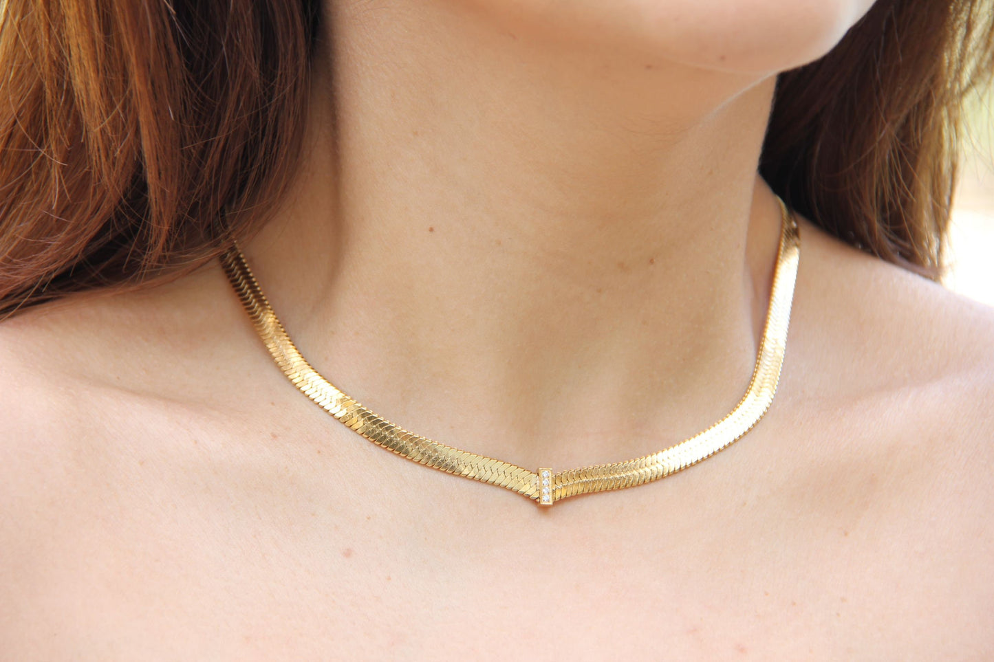 Thick Herringbone Chain Necklace 18K Gold Statement Snake CZ Necklace Flat Chain Layering Herringbone Necklace Waterproof Jewelry Gift Mom