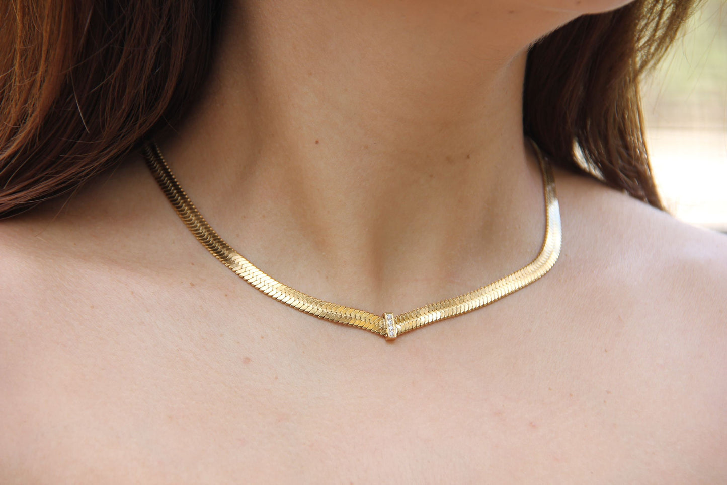 Thick Herringbone Chain Necklace 18K Gold Statement Snake CZ Necklace Flat Chain Layering Herringbone Necklace Waterproof Jewelry Gift Mom