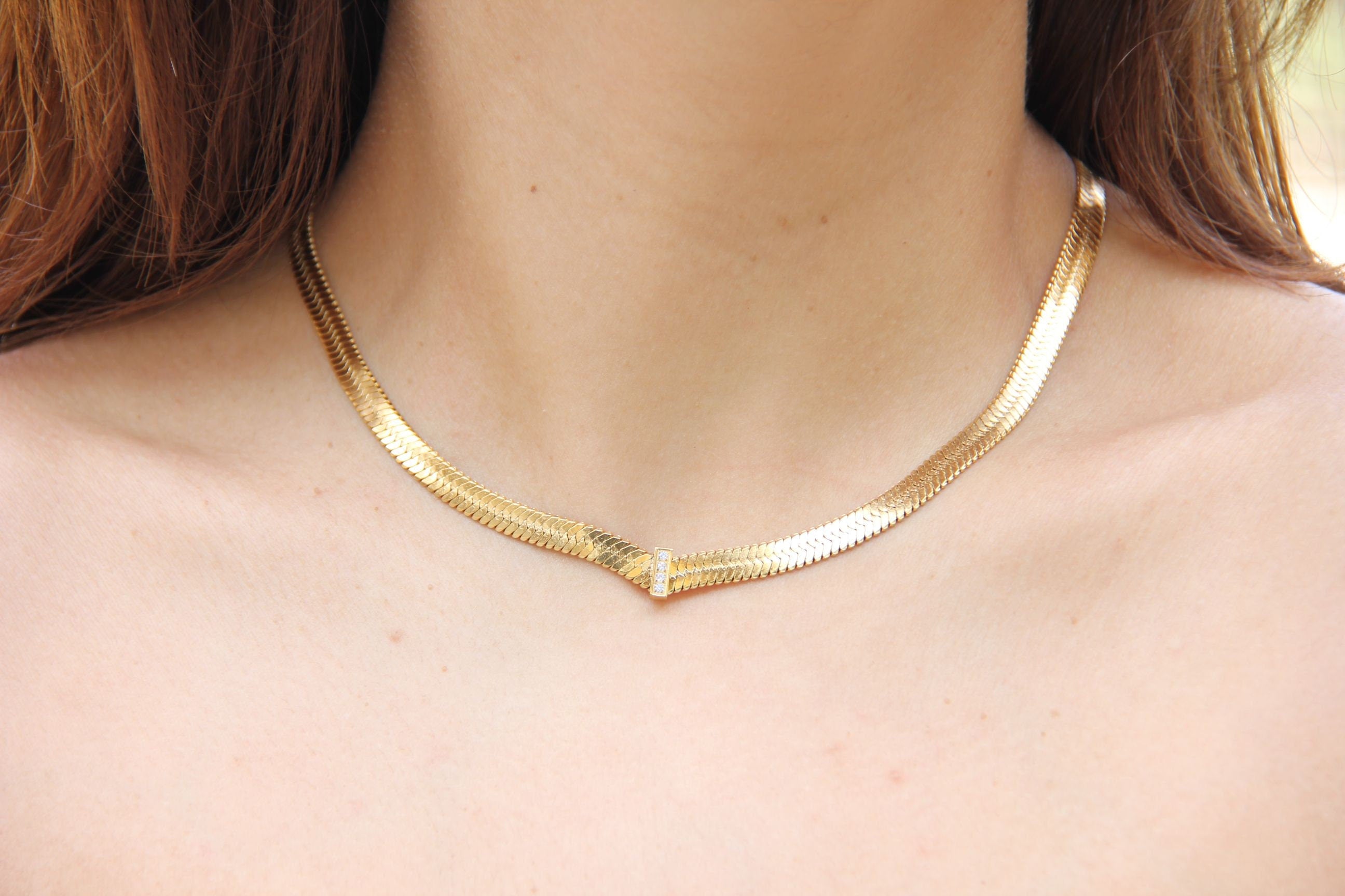 Thick Herringbone Chain Necklace 18K Gold Statement Snake CZ Necklace Flat Chain Layering Herringbone Necklace Waterproof Jewelry Gift Mom