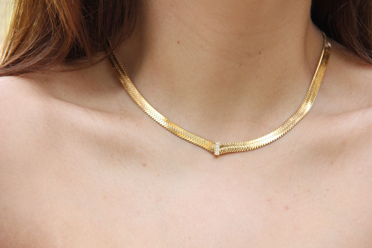 Thick Herringbone Chain Necklace 18K Gold Statement Snake CZ Necklace Flat Chain Layering Herringbone Necklace Waterproof Jewelry Gift Mom