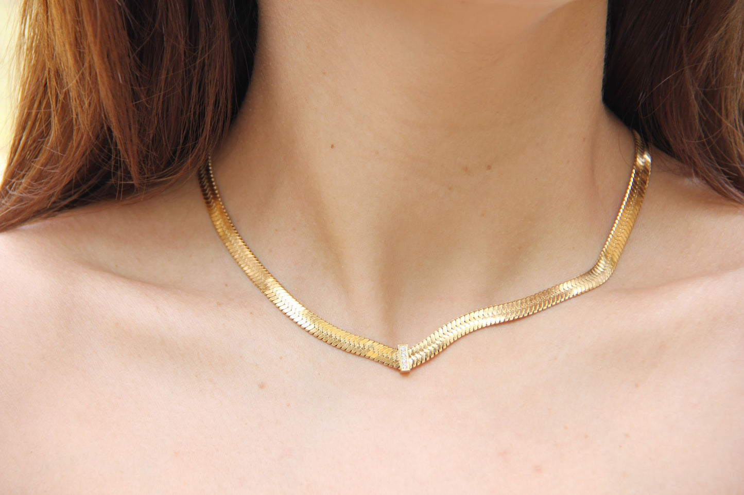 Thick Herringbone Chain Necklace 18K Gold Statement Snake CZ Necklace Flat Chain Layering Herringbone Necklace Waterproof Jewelry Gift Mom