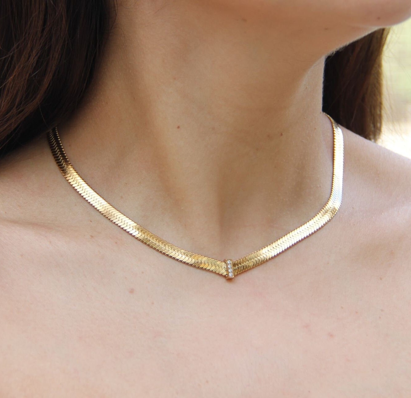 Thick Herringbone Chain Necklace 18K Gold Statement Snake CZ Necklace Flat Chain Layering Herringbone Necklace Waterproof Jewelry Gift Mom