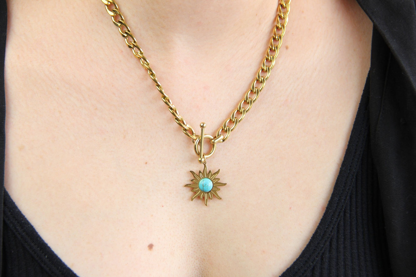 Turquoise Charm Chain Necklace,Gold Sun Necklace,18K Gold Thick Chain Necklace,Layering Statement Gemstone Necklace,Mothers Day Gift for Her