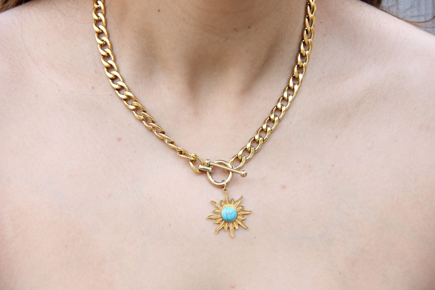 Turquoise Charm Chain Necklace,Gold Sun Necklace,18K Gold Thick Chain Necklace,Layering Statement Gemstone Necklace,Mothers Day Gift for Her