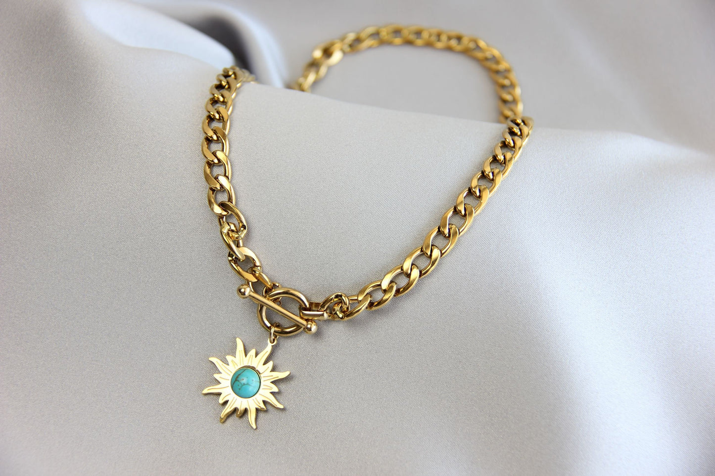 Turquoise Charm Chain Necklace,Gold Sun Necklace,18K Gold Thick Chain Necklace,Layering Statement Gemstone Necklace,Mothers Day Gift for Her