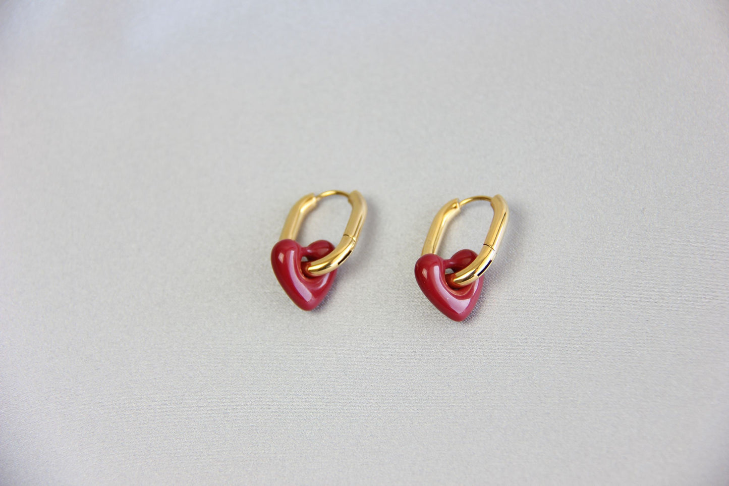 Beautiful and Dainty 18K Gold Plated Waterproof Burgundy Love Heart Drop Earrings what will go with all your other jewelry! Perfect gift for your mom, friend or loved ones!