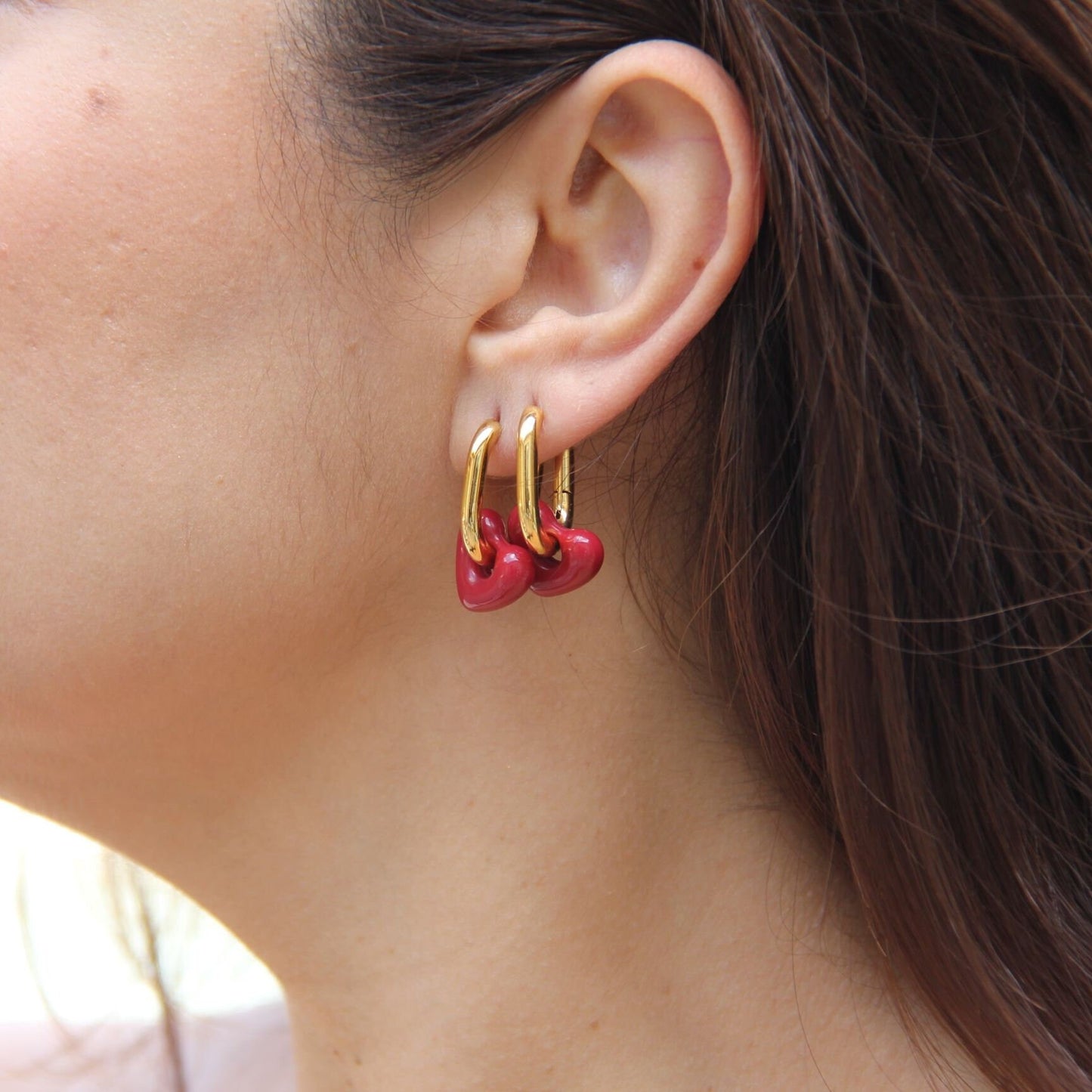 Beautiful and Dainty 18K Gold Plated Waterproof Burgundy Love Heart Drop Earrings what will go with all your other jewelry! Perfect gift for your mom, friend or loved ones!