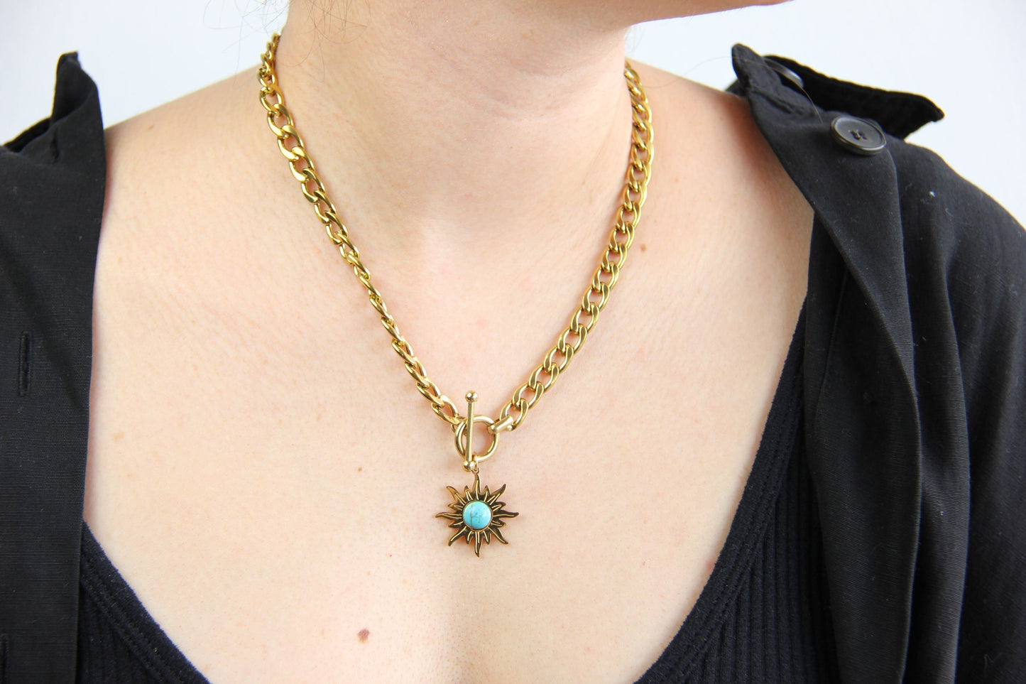 Turquoise Charm Chain Necklace,Gold Sun Necklace,18K Gold Thick Chain Necklace,Layering Statement Gemstone Necklace,Mothers Day Gift for Her