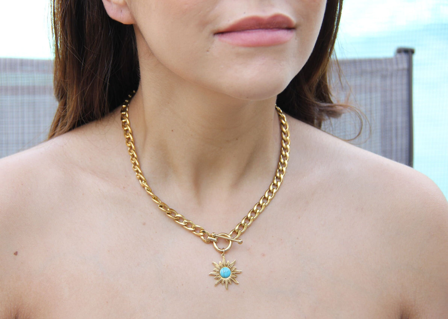 Turquoise Charm Chain Necklace,Gold Sun Necklace,18K Gold Thick Chain Necklace,Layering Statement Gemstone Necklace,Mothers Day Gift for Her