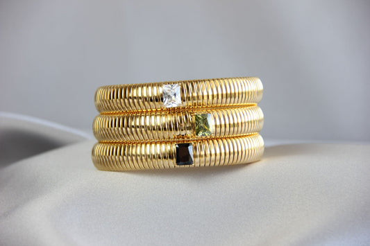 Unique 18K Gold Plated CZ Bangle Stretch Bracelets with colorful cubic zirconias that reflects statement textures with its shining zirconias. Complete your outfit day or night with this beauties! Perfect gift for her!