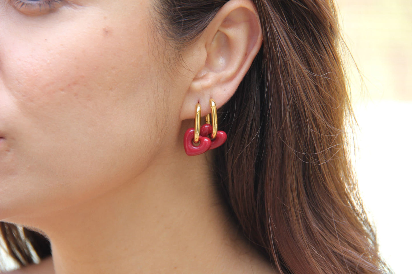 Beautiful and Dainty 18K Gold Plated Waterproof Burgundy Love Heart Drop Earrings what will go with all your other jewelry! Perfect gift for your mom, friend or loved ones!