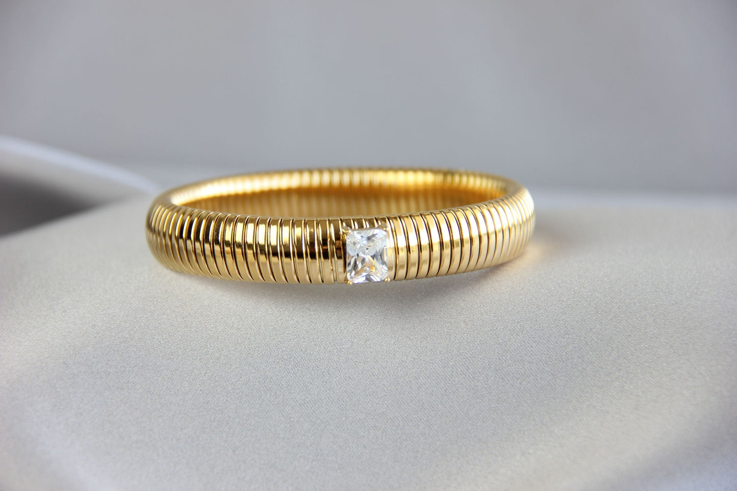Unique 18K Gold Plated CZ Bangle Stretch Bracelets with colorful cubic zirconias that reflects statement textures with its shining zirconias. Complete your outfit day or night with this beauties! Perfect gift for her!