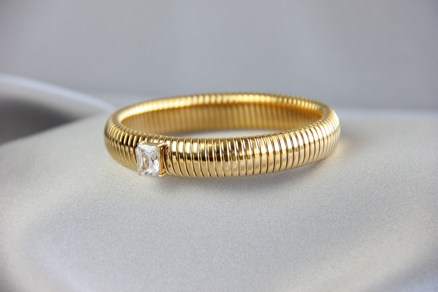 Unique 18K Gold Plated CZ Bangle Stretch Bracelets with colorful cubic zirconias that reflects statement textures with its shining zirconias. Complete your outfit day or night with this beauties! Perfect gift for her!