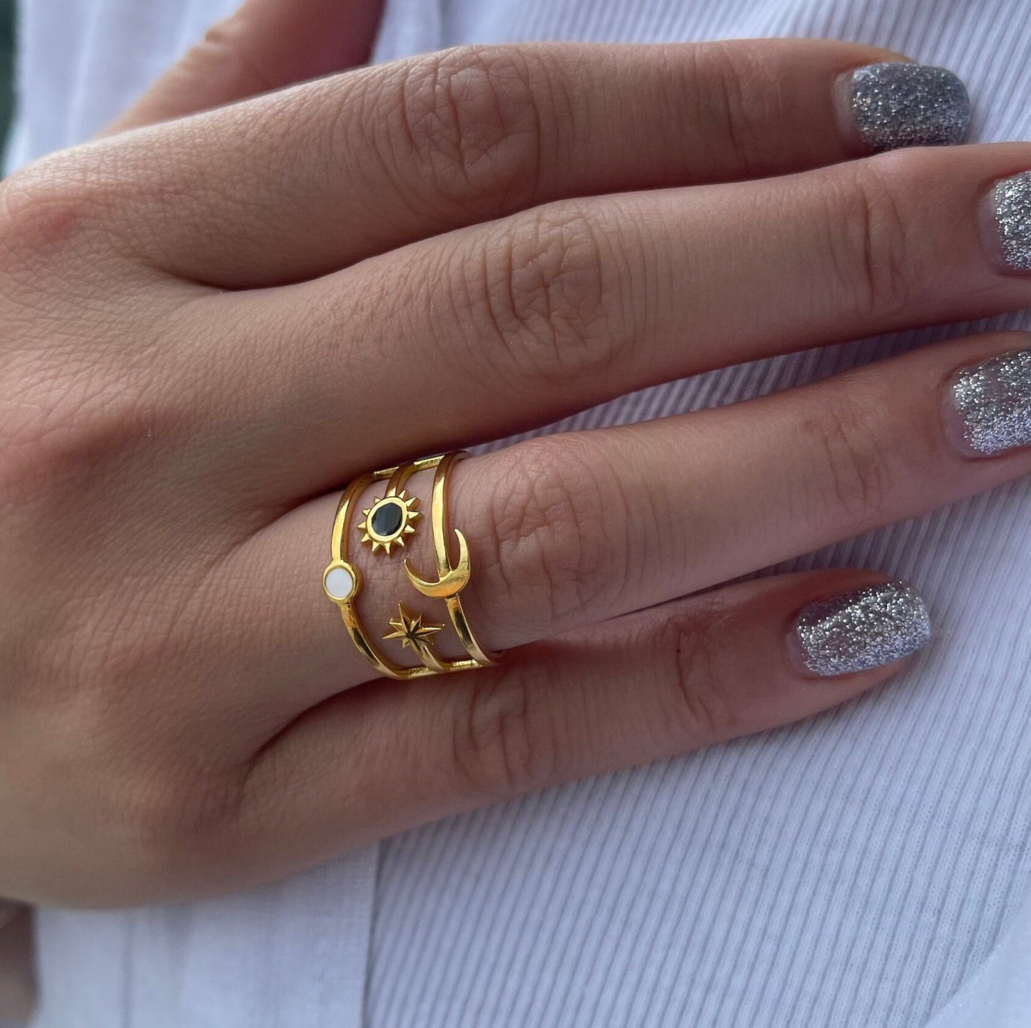 Sun Moon Star Ring 18K Gold Celestial Enamel Ring Adjustable Sun and Moons Rings Statement Rings for Women Waterproof Handmade Jewelry Gifts