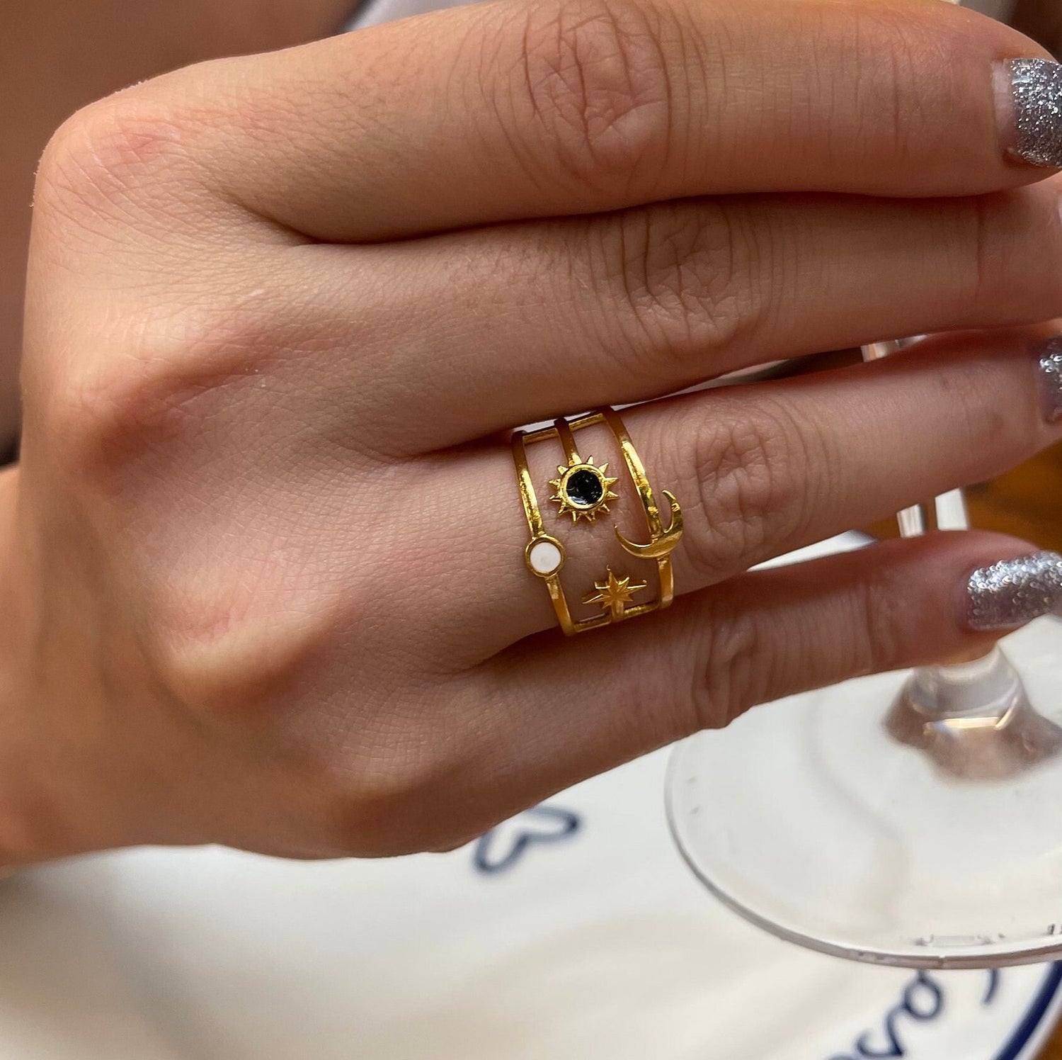 Sun Moon Star Ring 18K Gold Celestial Enamel Ring Adjustable Sun and Moons Rings Statement Rings for Women Waterproof Handmade Jewelry Gifts