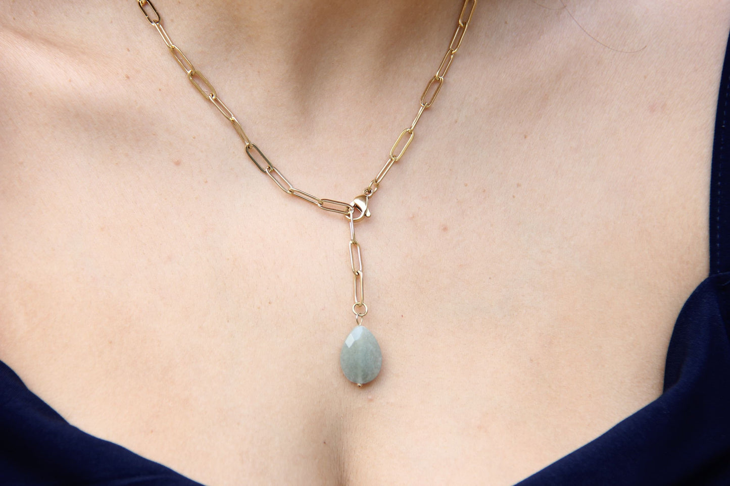 Agate Pendant Gold Chain Necklace, 18K Gold Dainty Waterproof Gemstone Necklace, Layering Thick Chain, Unique Gift for Friend, Mom Jewelry