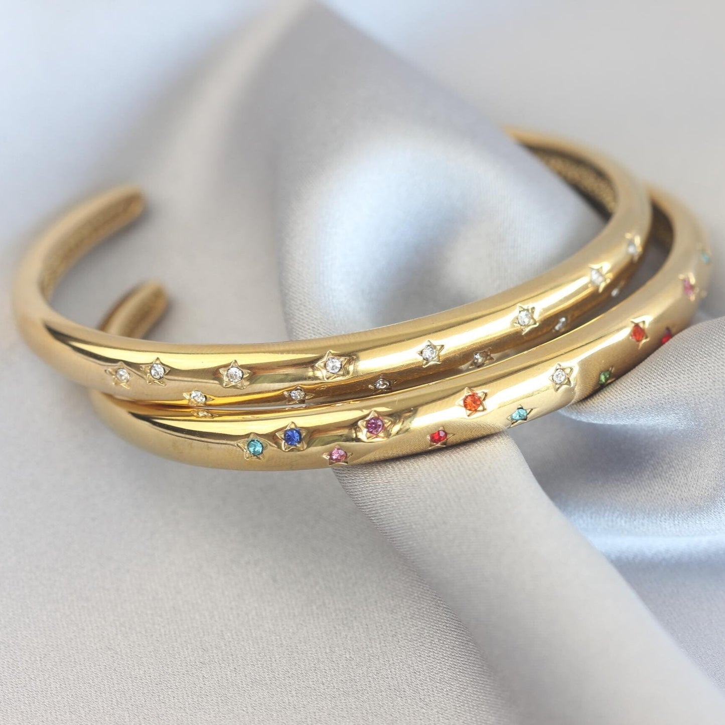 18K Gold Cuff Bracelet Celestial Open Bangle Stacking Gold Bracelet Waterproof Cuff Bracelet Unique Jewelry Bracelet Gift for Mom