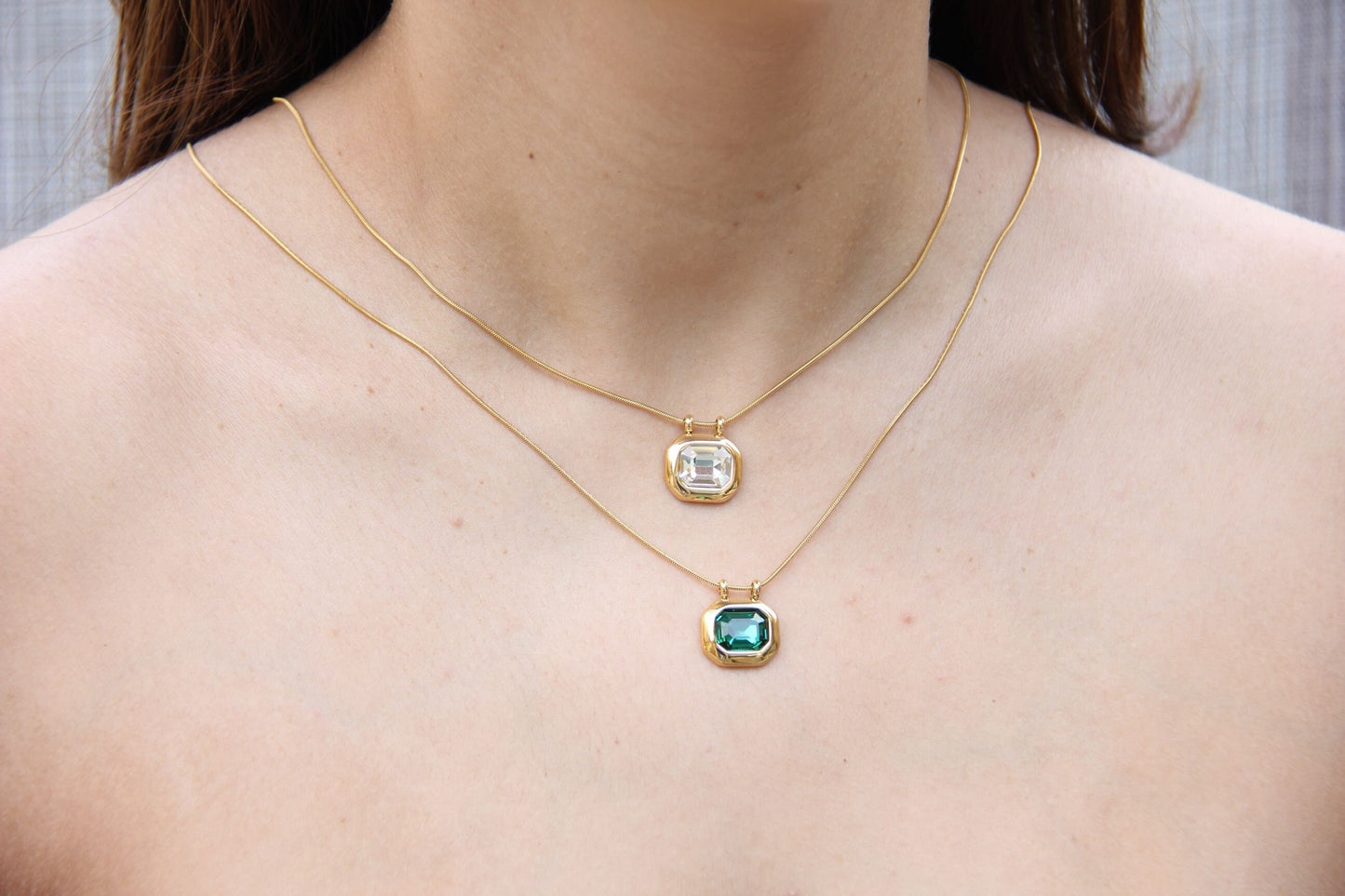 Green Pendant Vintage Necklace, 18K Gold Zircon Drop Necklace, Layering Dainty Chain Necklace, Unique Mother's Day Gift for Her