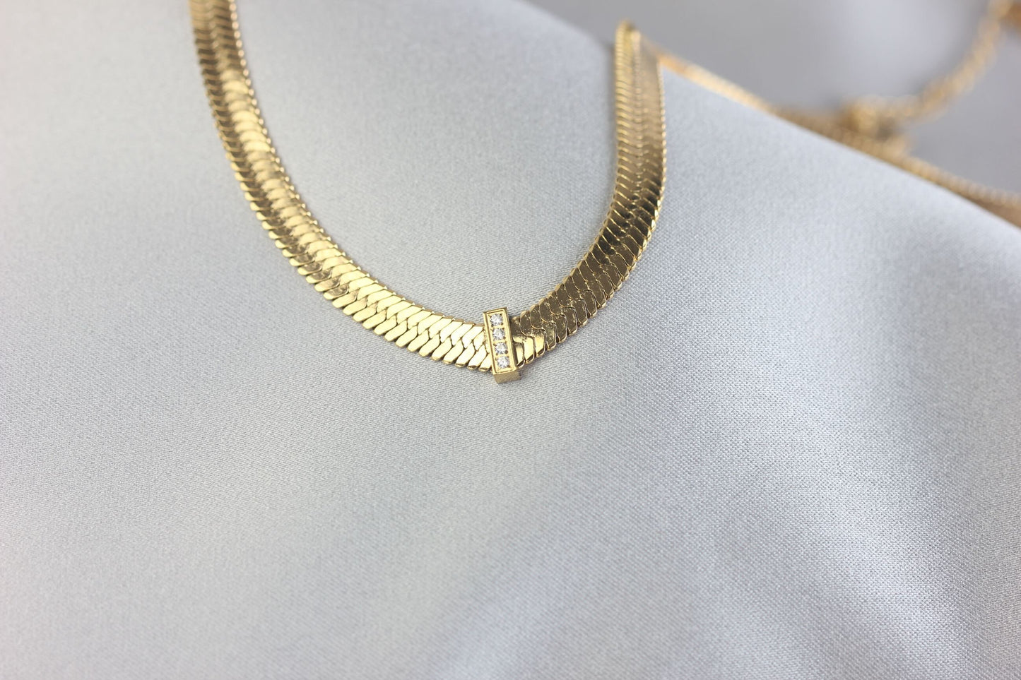 Thick Herringbone Chain Necklace 18K Gold Statement Snake CZ Necklace Flat Chain Layering Herringbone Necklace Waterproof Jewelry Gift Mom