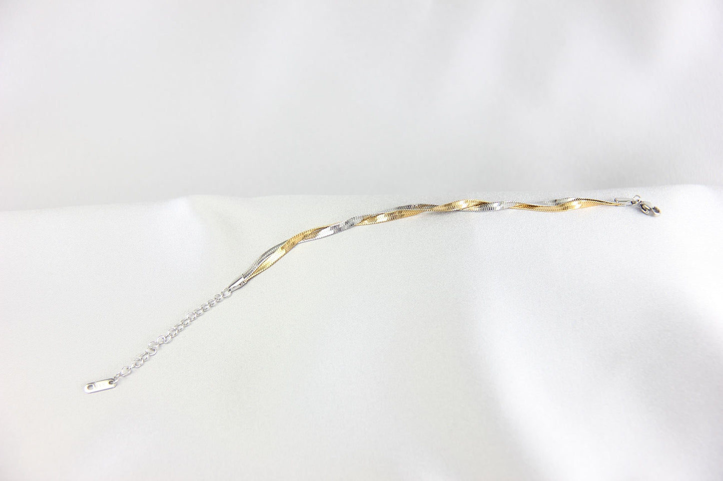 Unique Duo Color Braided Herringbone Twist Gold Chain Bracelet that reflects both minimalist and statement textures. Complete your special occasion outfit or night style with this beauty!