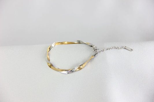 Unique Duo Color Braided Herringbone Twist Gold Chain Bracelet that reflects both minimalist and statement textures. Complete your special occasion outfit or night style with this beauty!