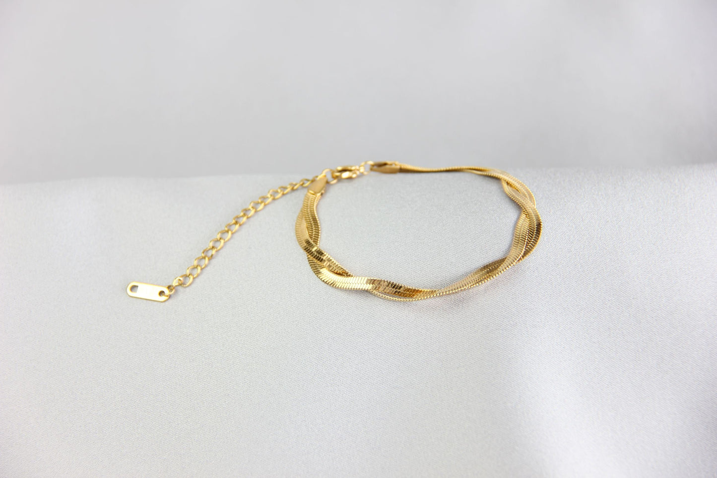 Unique Duo Color Braided Herringbone Twist Gold Chain Bracelet that reflects both minimalist and statement textures. Complete your special occasion outfit or night style with this beauty!