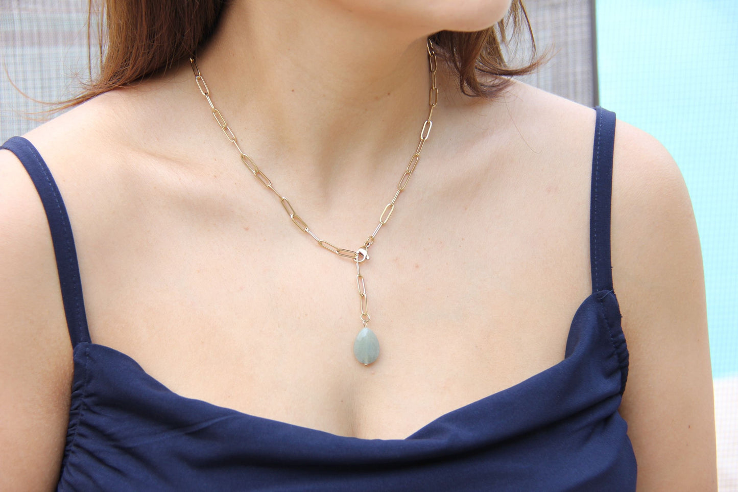 Agate Pendant Gold Chain Necklace, 18K Gold Dainty Waterproof Gemstone Necklace, Layering Thick Chain, Unique Gift for Friend, Mom Jewelry