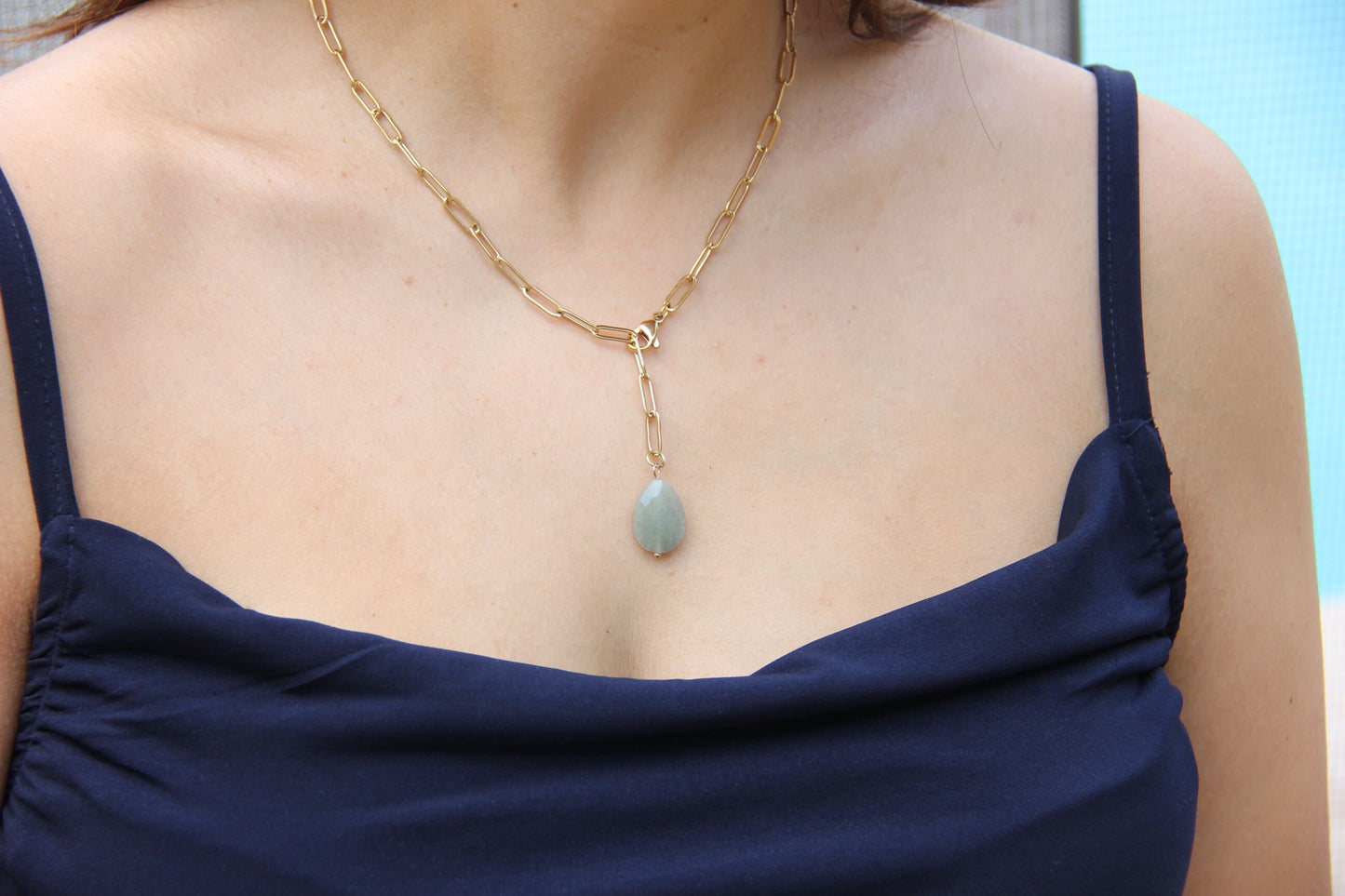 Agate Pendant Gold Chain Necklace, 18K Gold Dainty Waterproof Gemstone Necklace, Layering Thick Chain, Unique Gift for Friend, Mom Jewelry