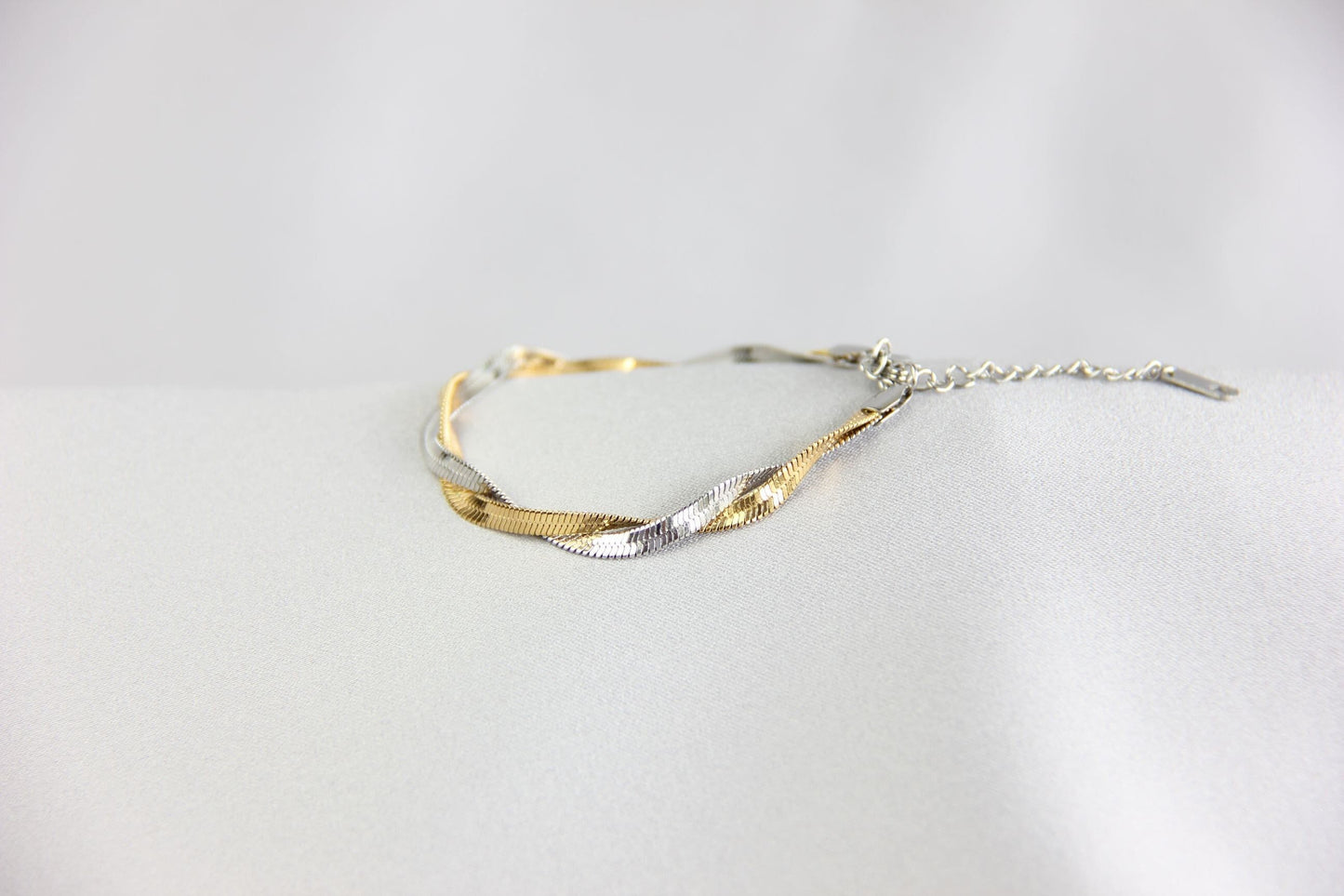 Unique Duo Color Braided Herringbone Twist Gold Chain Bracelet that reflects both minimalist and statement textures. Complete your special occasion outfit or night style with this beauty!