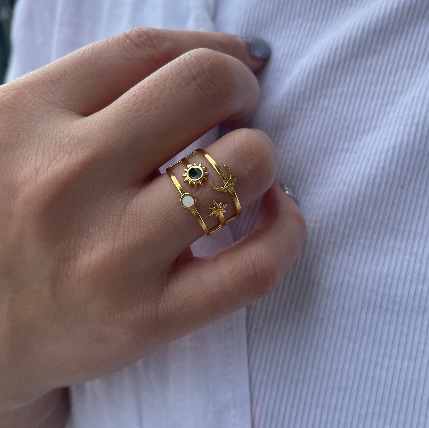 Sun Moon Star Ring 18K Gold Celestial Enamel Ring Adjustable Sun and Moons Rings Statement Rings for Women Waterproof Handmade Jewelry Gifts