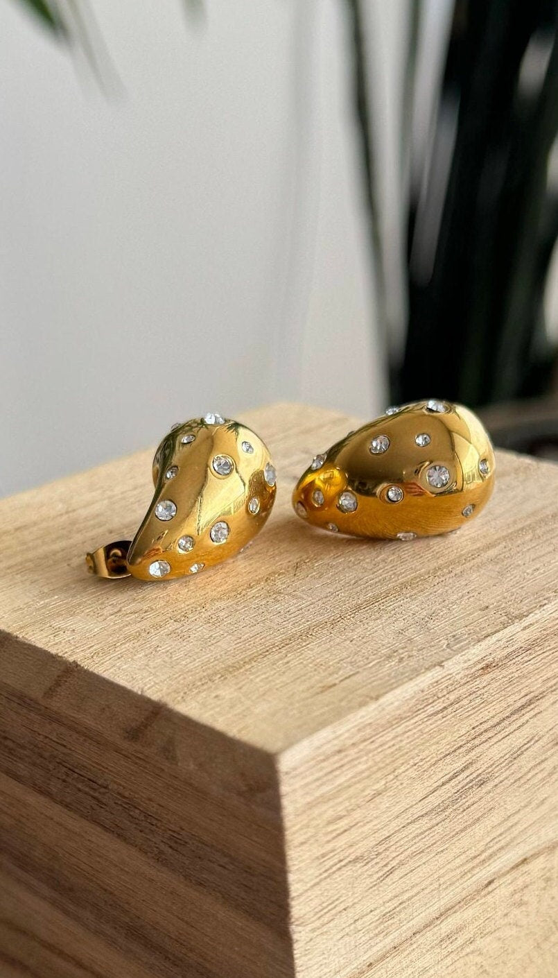 Teardrop Gold Zirconia Stud Earring, Chunky 18K Gold Stud CZ Earring, Bold Unique 18K Gold Earring for Women, Mother's Day Gifts for Her
