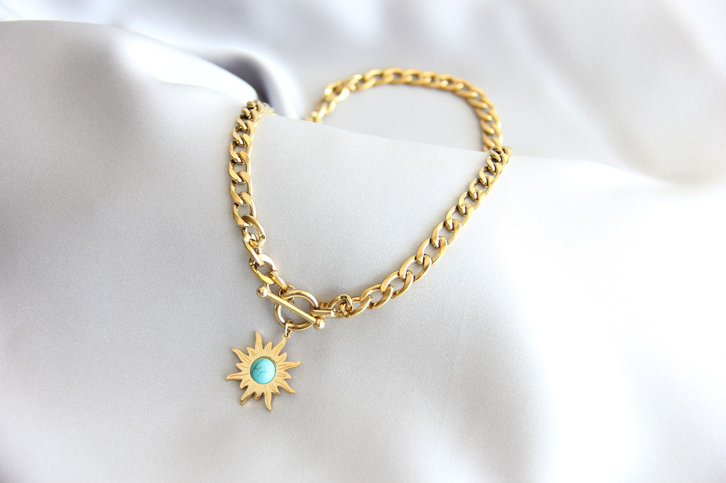 Turquoise Charm Chain Necklace,Gold Sun Necklace,18K Gold Thick Chain Necklace,Layering Statement Gemstone Necklace,Mothers Day Gift for Her