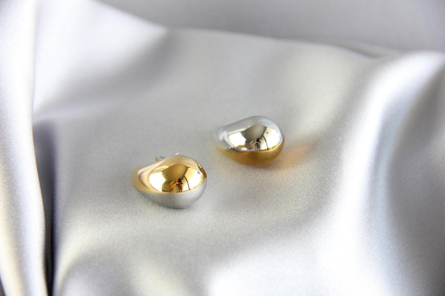 Teardrop Stud Two Color Earring, Modern Bold 18K Gold Earring, Chunky Handmade Unique Gold Drop Earring, Boho Unique Mother's Day Gifts