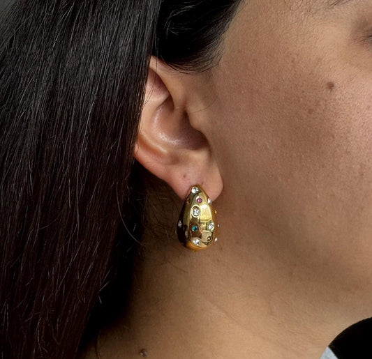 Teardrop Gold Zirconia Stud Earring, Chunky 18K Gold Stud CZ Earring, Bold Unique 18K Gold Earring for Women, Mother's Day Gifts for Her