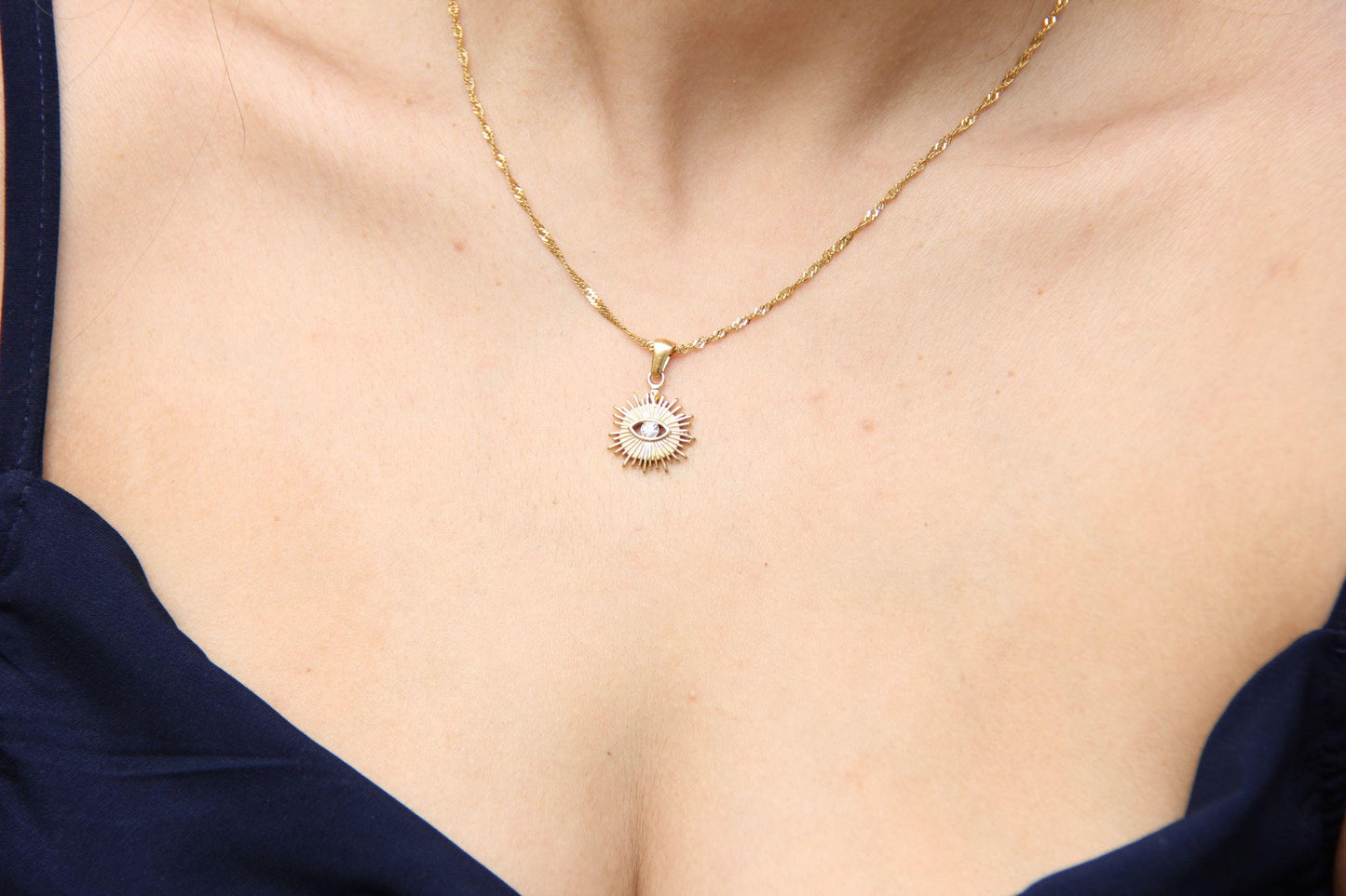 Evil Eye Charm Sun Necklace, Dainty Protection Gold Pendant, Minimalist Eye Protection Necklace, Best Friend Gift,Handmade Mother's Day Gift