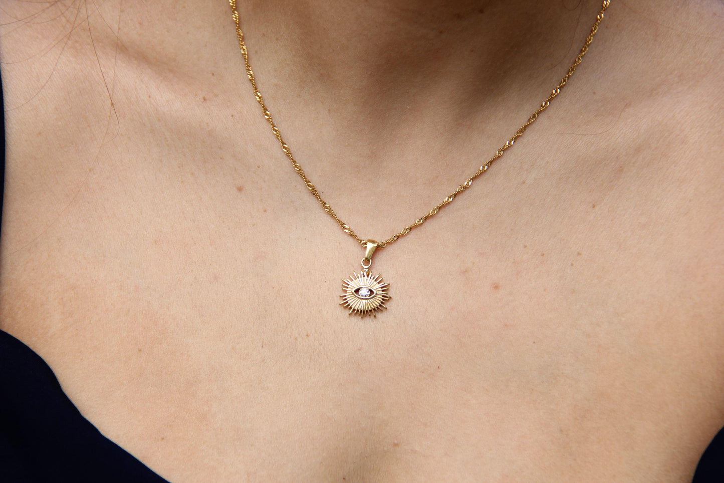 Evil Eye Charm Sun Necklace, Dainty Protection Gold Pendant, Minimalist Eye Protection Necklace, Best Friend Gift,Handmade Mother's Day Gift