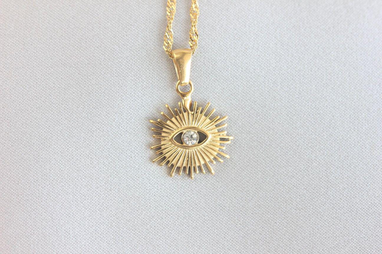Evil Eye Charm Sun Necklace, Dainty Protection Gold Pendant, Minimalist Eye Protection Necklace, Best Friend Gift,Handmade Mother's Day Gift