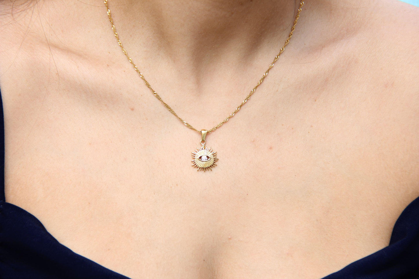Evil Eye Charm Sun Necklace, Dainty Protection Gold Pendant, Minimalist Eye Protection Necklace, Best Friend Gift,Handmade Mother's Day Gift