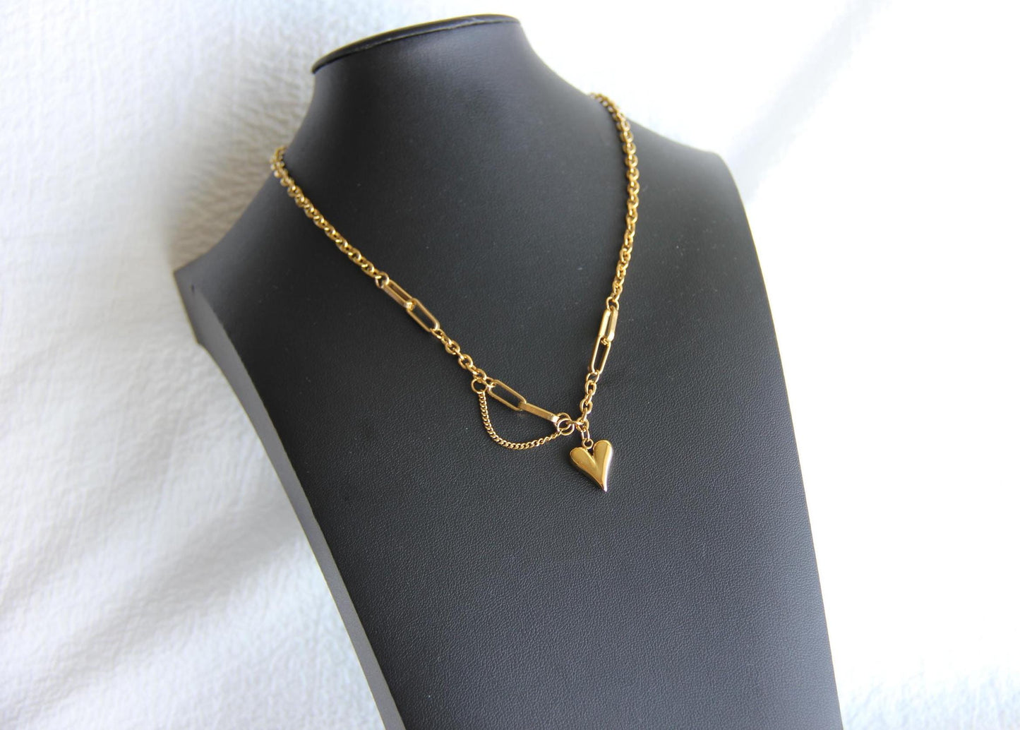 One of a kind Gold Chain Necklace with unique heart pendants. Perfect to use as a layering necklace or wearing solo, adding a touch of a romance to any outfit. Perfect gift for your wife, girlfriend, mom or for yourself!