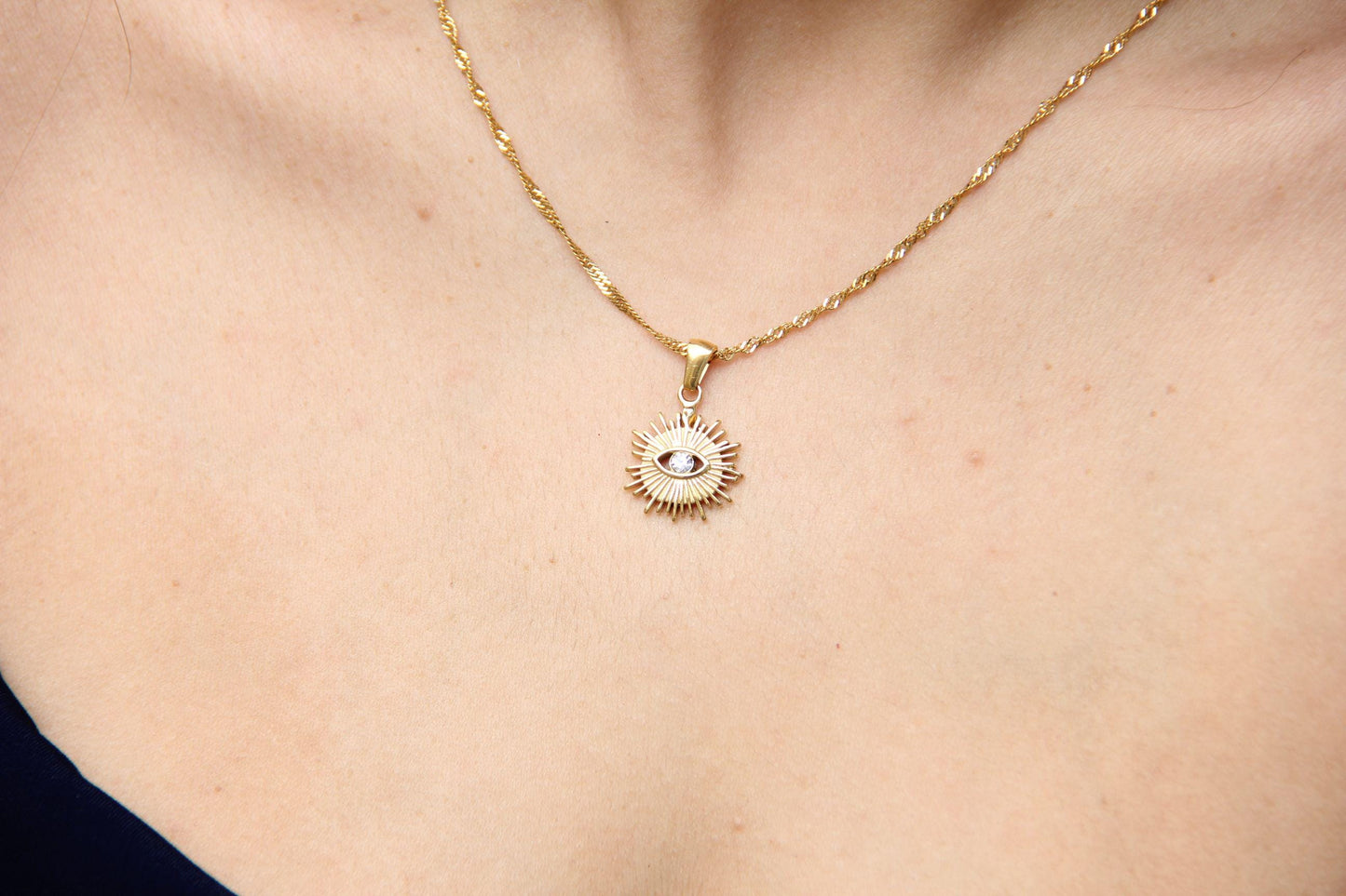 Evil Eye Charm Sun Necklace, Dainty Protection Gold Pendant, Minimalist Eye Protection Necklace, Best Friend Gift,Handmade Mother's Day Gift
