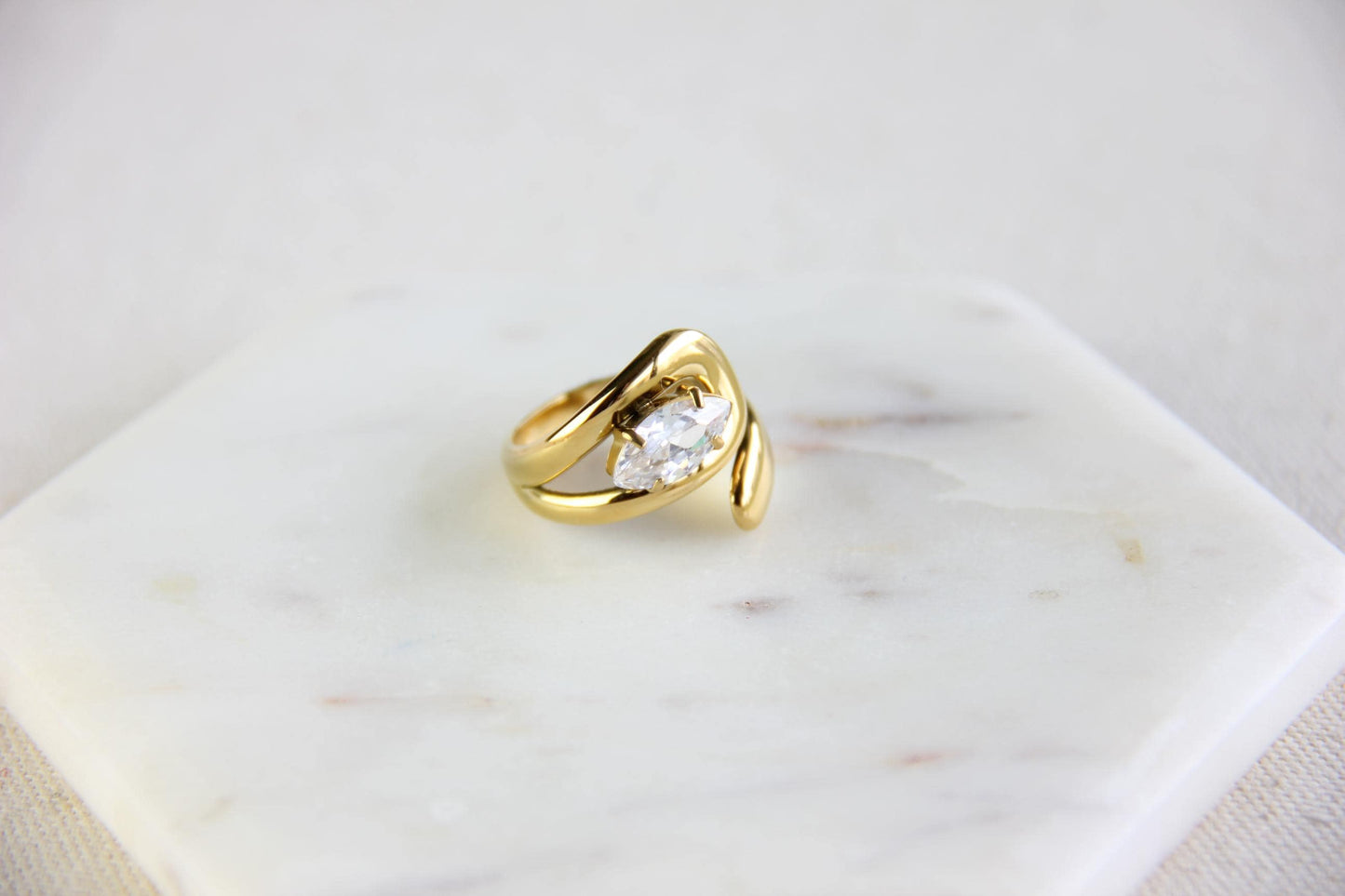 Statement gold zircon ring, perfect for stacking or wearing solo. Minimalist design with sparkling zircon on stainless steel band, ideal for everyday wear or gifting. Unique gift for friend, mom or loved ones.