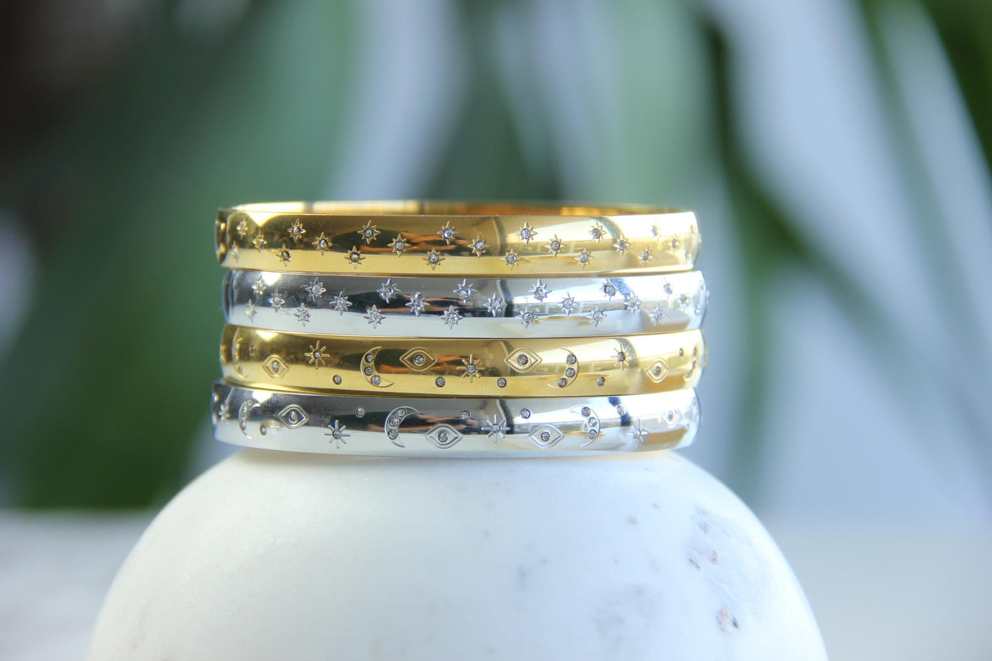 18K Gold Cuff Bracelet Celestial Open Bangle Stacking Gold Bracelet Waterproof Cuff Bracelet Unique Jewelry Bracelet Gift for Mom