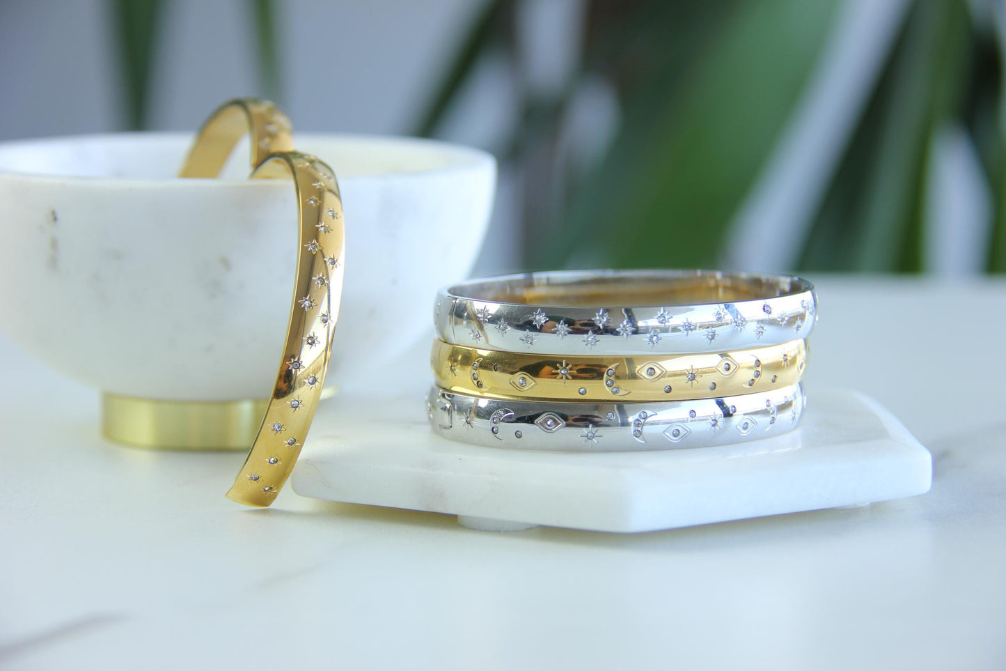 18K Gold Cuff Bracelet Celestial Open Bangle Stacking Gold Bracelet Waterproof Cuff Bracelet Unique Jewelry Bracelet Gift for Mom