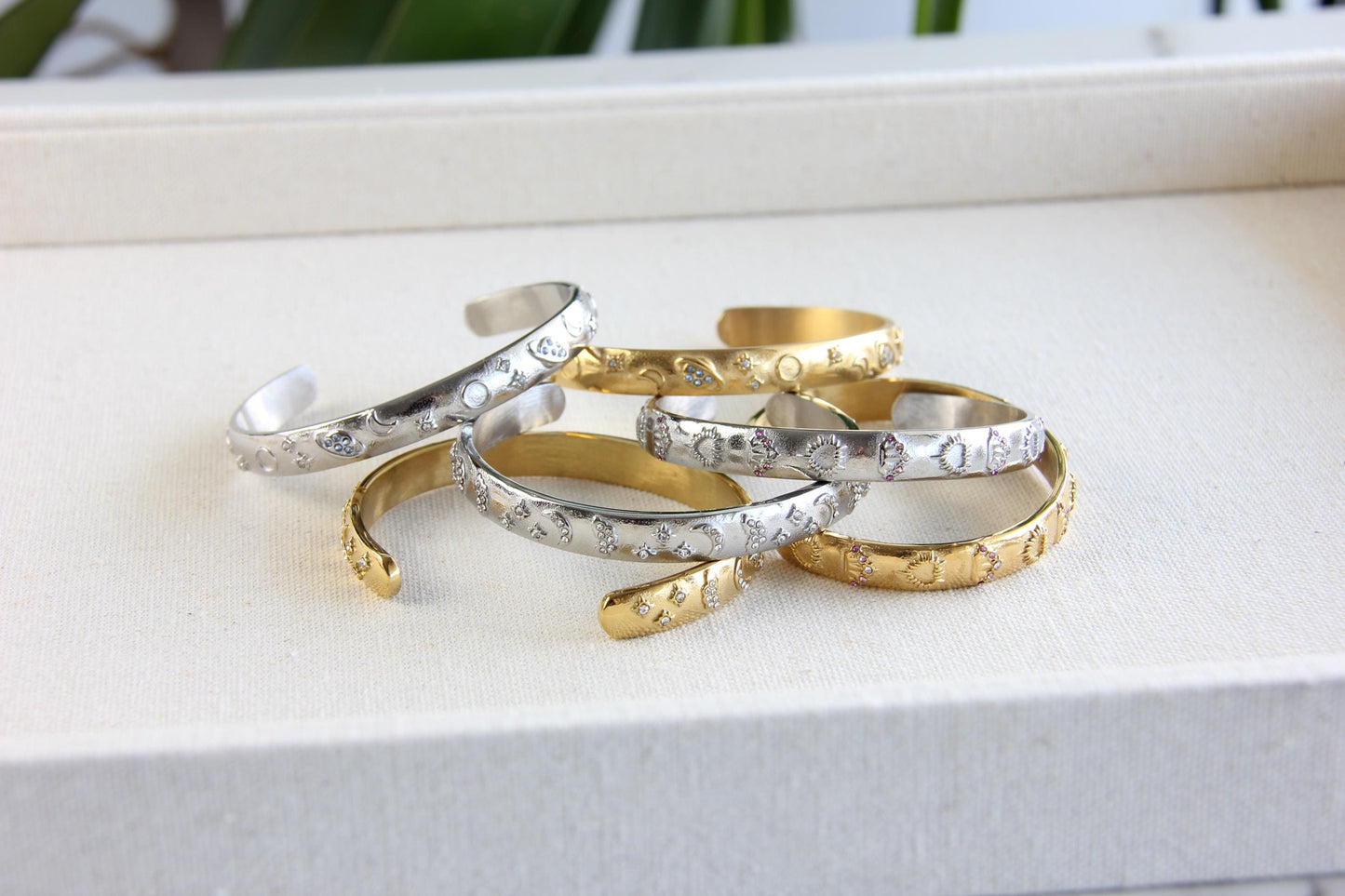 Unique 18K Gold Plated Open Cuff Bangle Bracelet with colorful cubic zirconia stars that reflects both minimalist and statement textures. Complete your special occasion outfit or night style with this beauty!