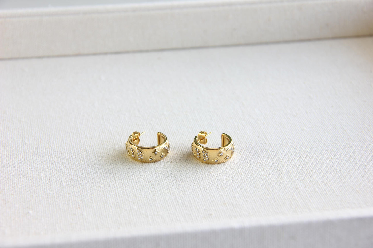 Celestial Gold Stud Hoops, Star Moon Hoop Earrings, Dainty Tiny Hoops for Women, Minimal Jewelry Gift for Friend, Unique Mother's Day Gifts